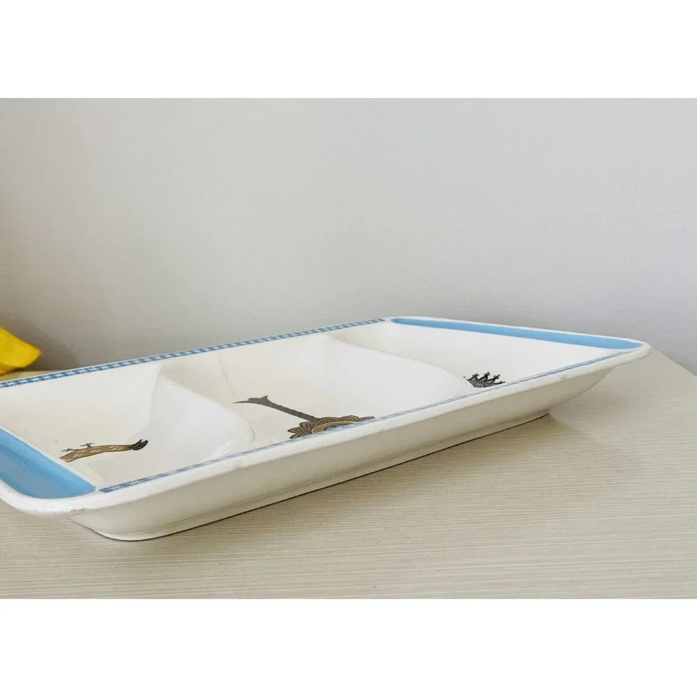 Vintage MCM Divided Tray Platter Blue Ivory Tree Sun Chicken *see flaws In Photo